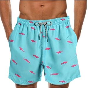 Maamgic Men's Swim Shorts with spandex liner- Teal & Pink Shark Print size large